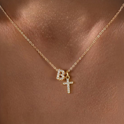 Delicate Initial and Cross Diamond Pendant Necklace