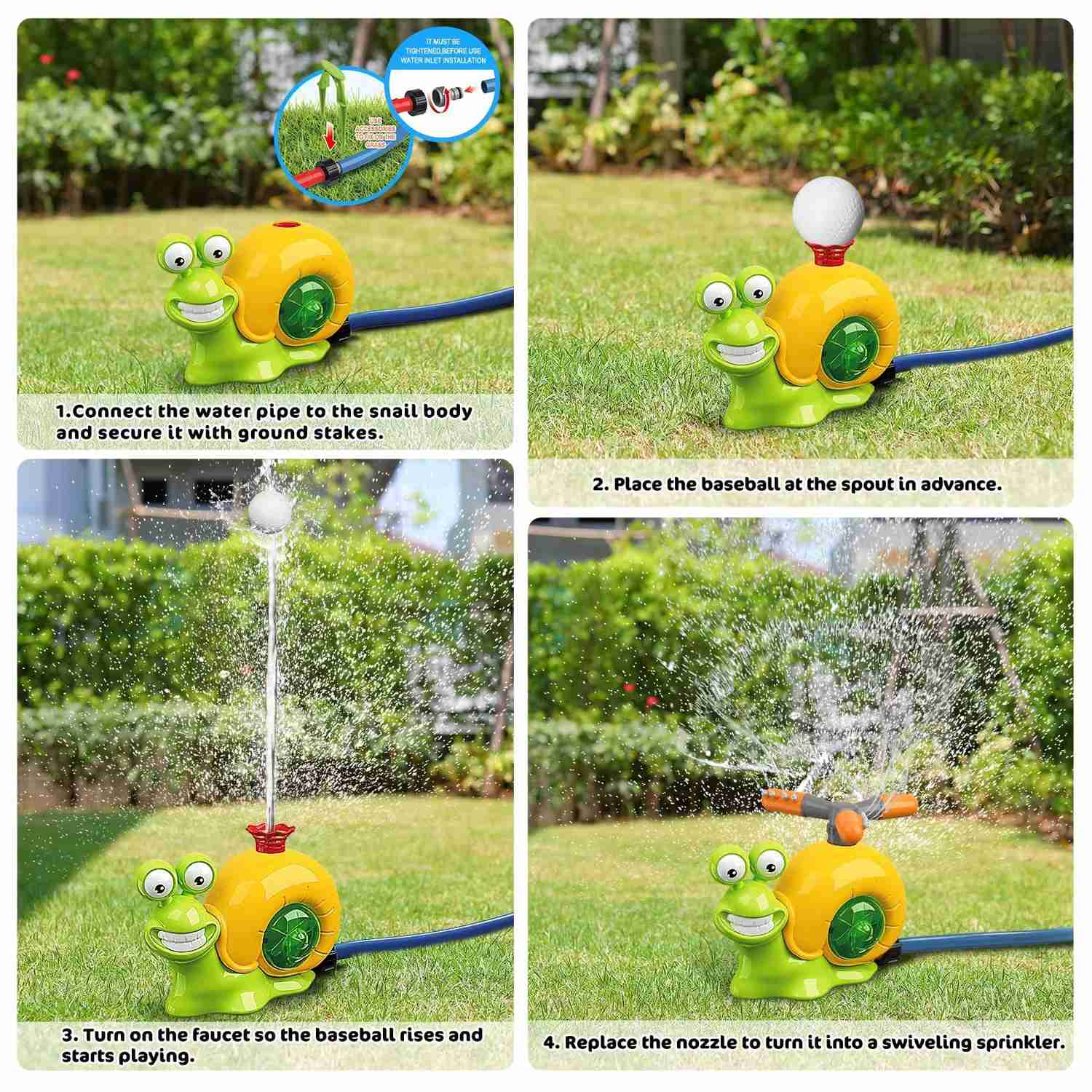 Baseball Sprinkler Toy with Snail Design, Rotating Water Mechanism, Promotes Physical Activity, Safe for Ages 3+
