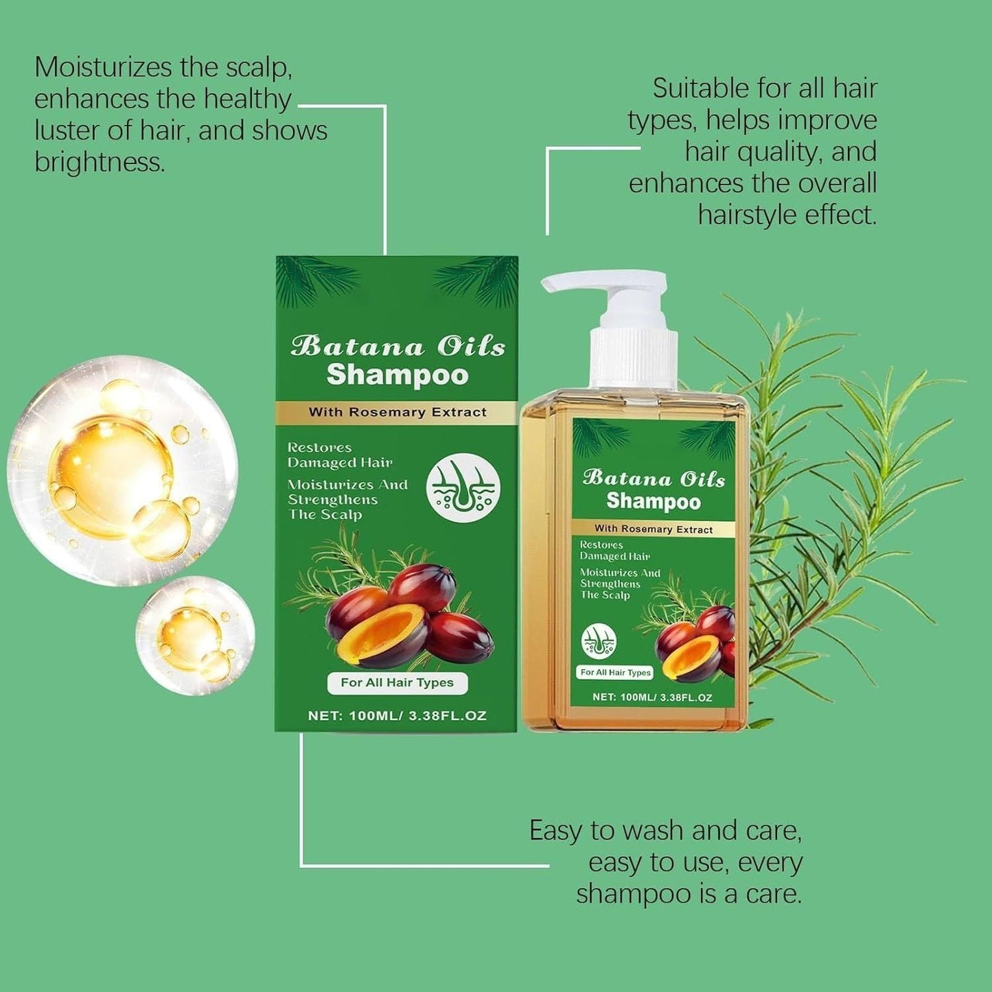 Batana Oil Shampoo with Rosemary Extract, Restores Damaged Hair, Promotes Healthy Hair Growth