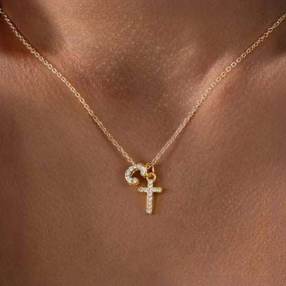 Delicate Initial and Cross Diamond Pendant Necklace