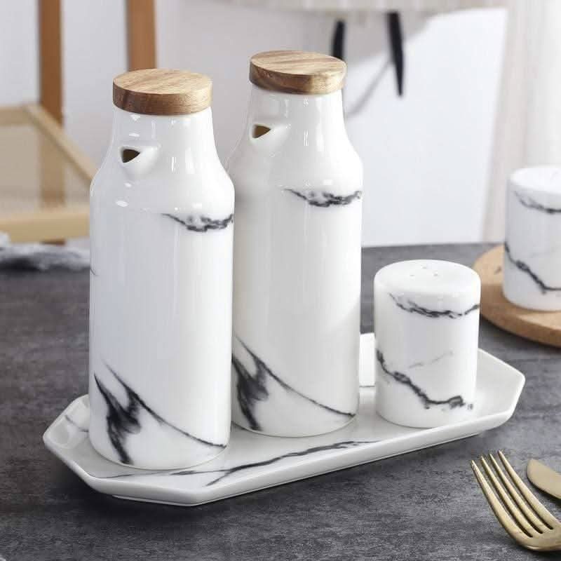 Ceramic Kitchen Set with Salt and Pepper Shakers and Oil Vinegar Containers – Elegant Matte Black and White Design 1