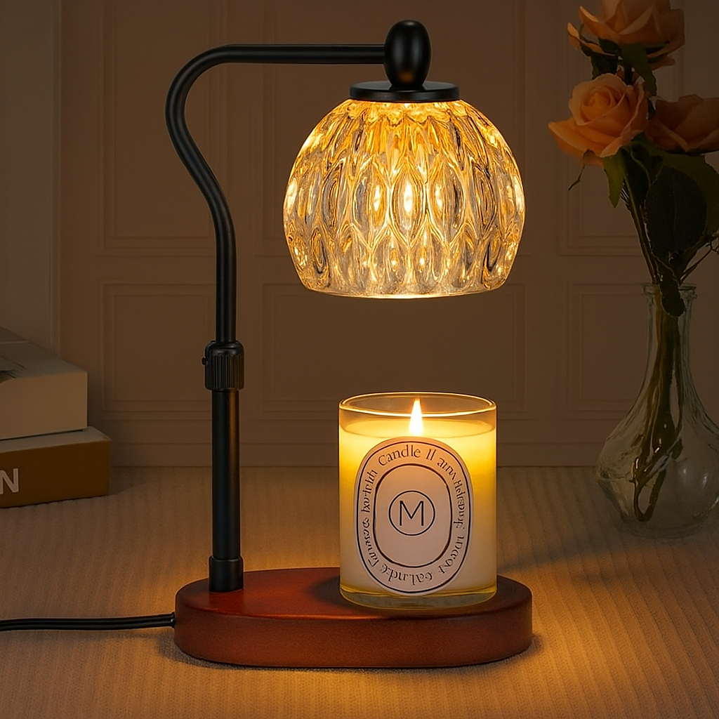 Glass lamp softly lighting a candle