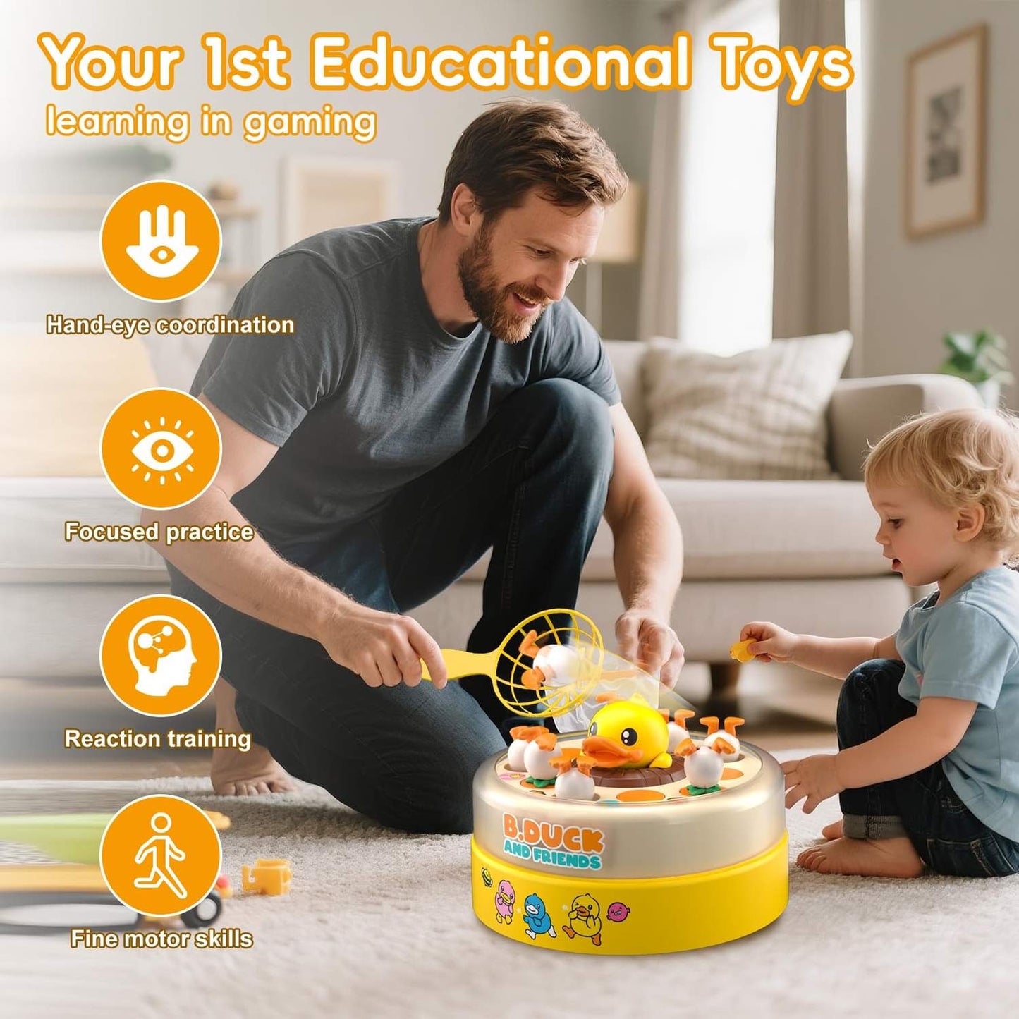 Children Duck Fishing Toy with Spring Popping Ducks, Catching Net and Spinner Base – Safe for Ages 3+