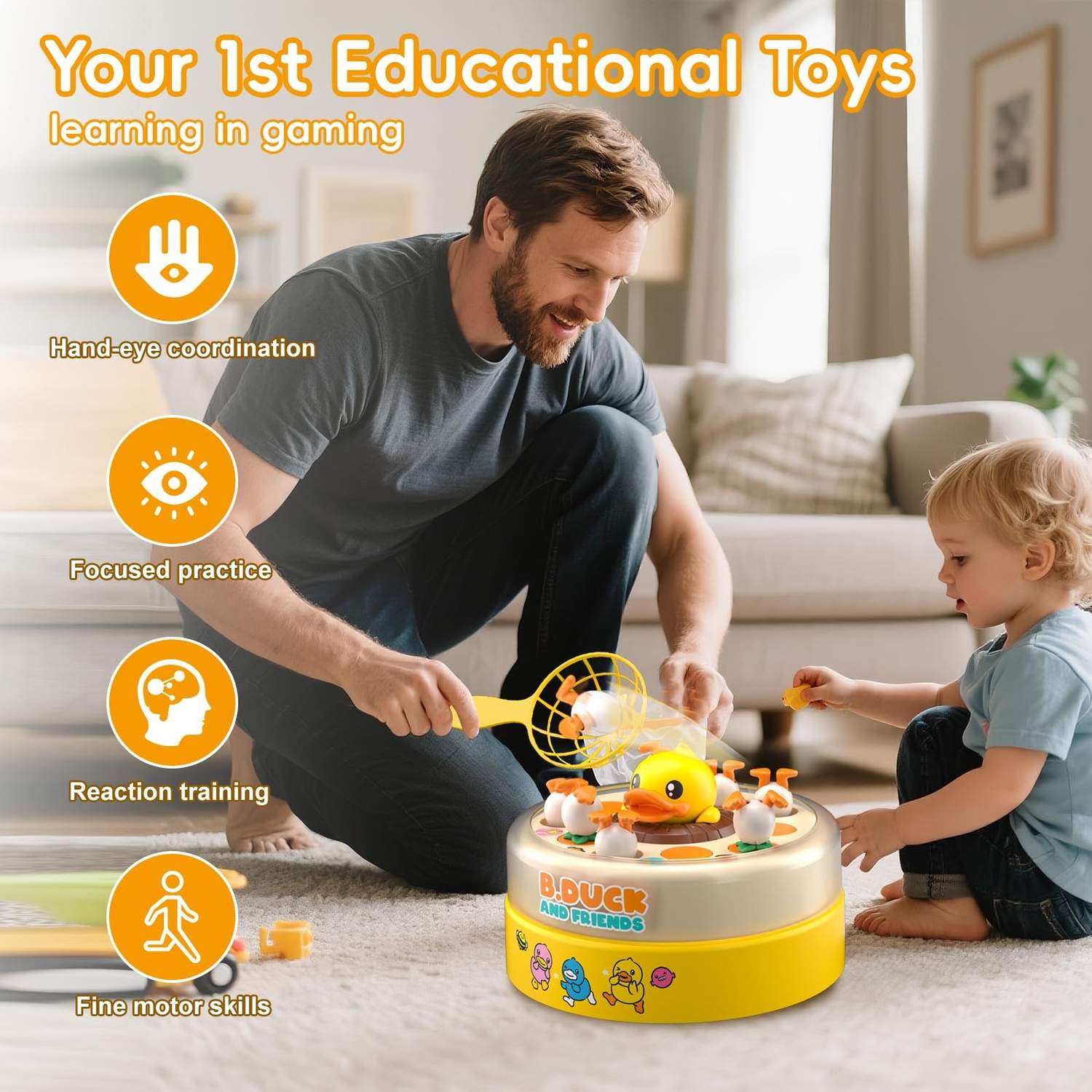 Children Duck Fishing Toy with Spring Popping Ducks, Catching Net and Spinner Base – Safe for Ages 3+