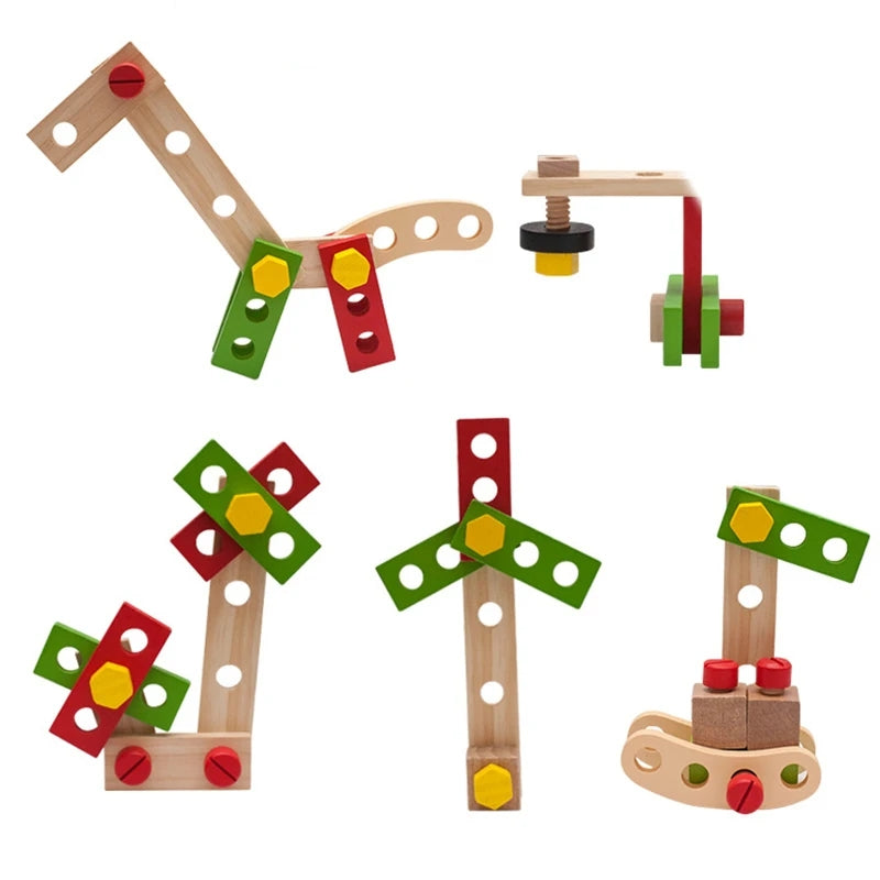 Children's Wooden Toolbox Set Toy with Creative Building, Motor Skills Development, Shape & Color Recognition, Safe for Ages 3+