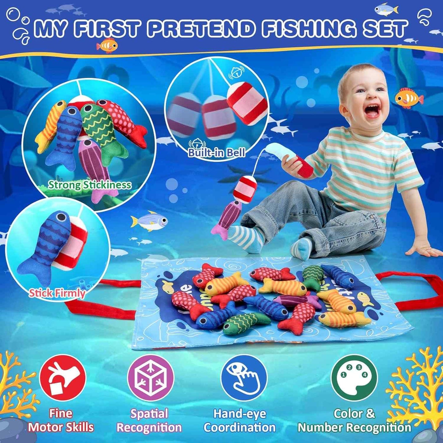 Cloth Fishing Game - 22-Piece Educational Toy, 2-in-1 Ocean Mat, Color Sorting, Washable Fabric, Safe for Ages 6m+
