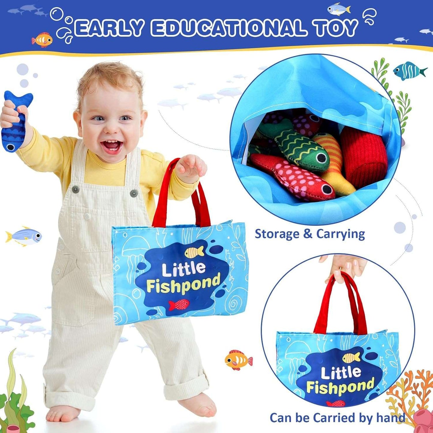 Cloth Fishing Game - 22-Piece Educational Toy, 2-in-1 Ocean Mat, Color Sorting, Washable Fabric, Safe for Ages 6m+