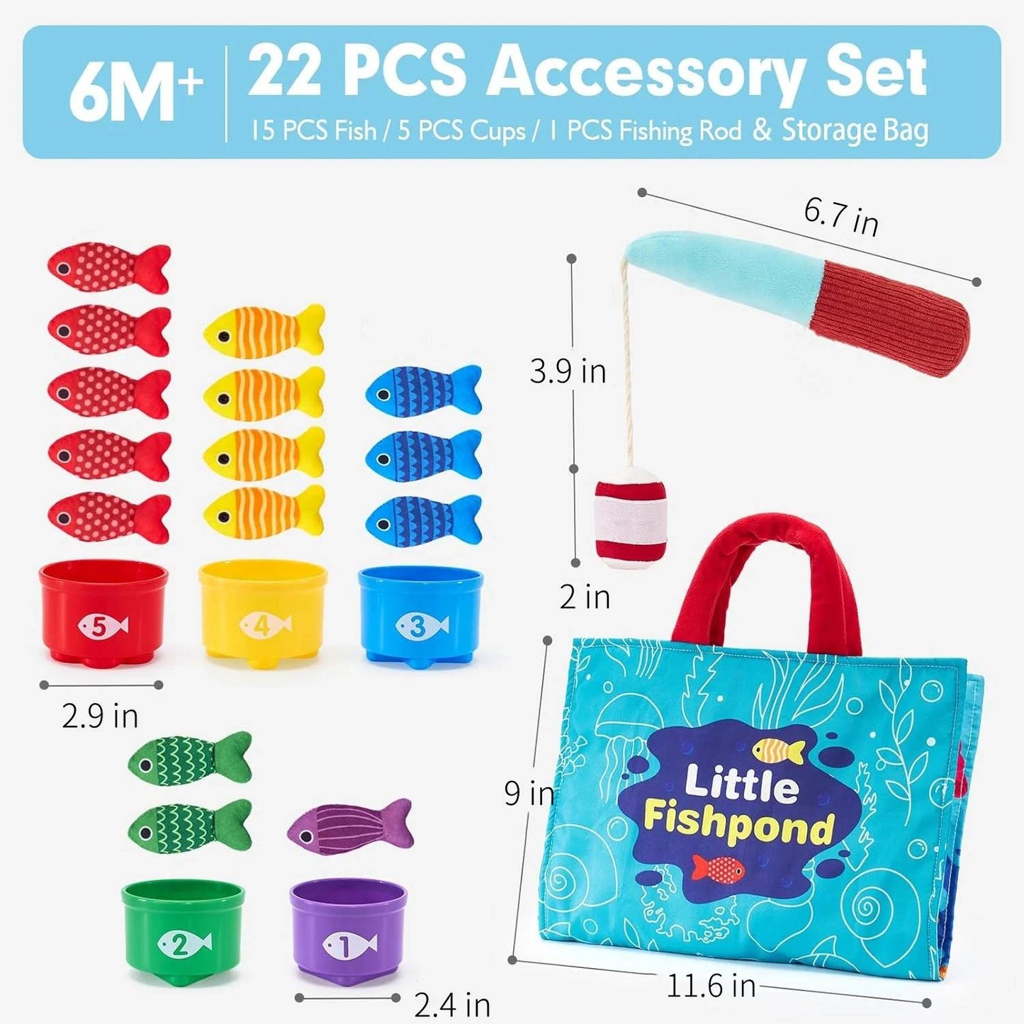 Cloth Fishing Game - 22-Piece Educational Toy, 2-in-1 Ocean Mat, Color Sorting, Washable Fabric, Safe for Ages 6m+