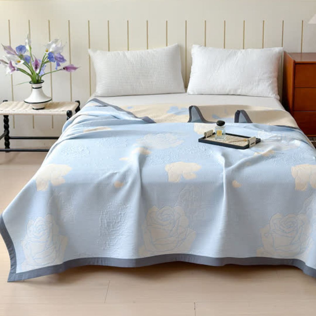 Soft Plush Throw Blanket with Blue Floral Pattern