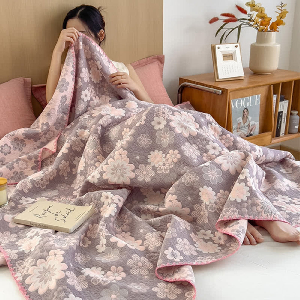 Soft Breathable Throw Blanket Reversible Floral Pattern