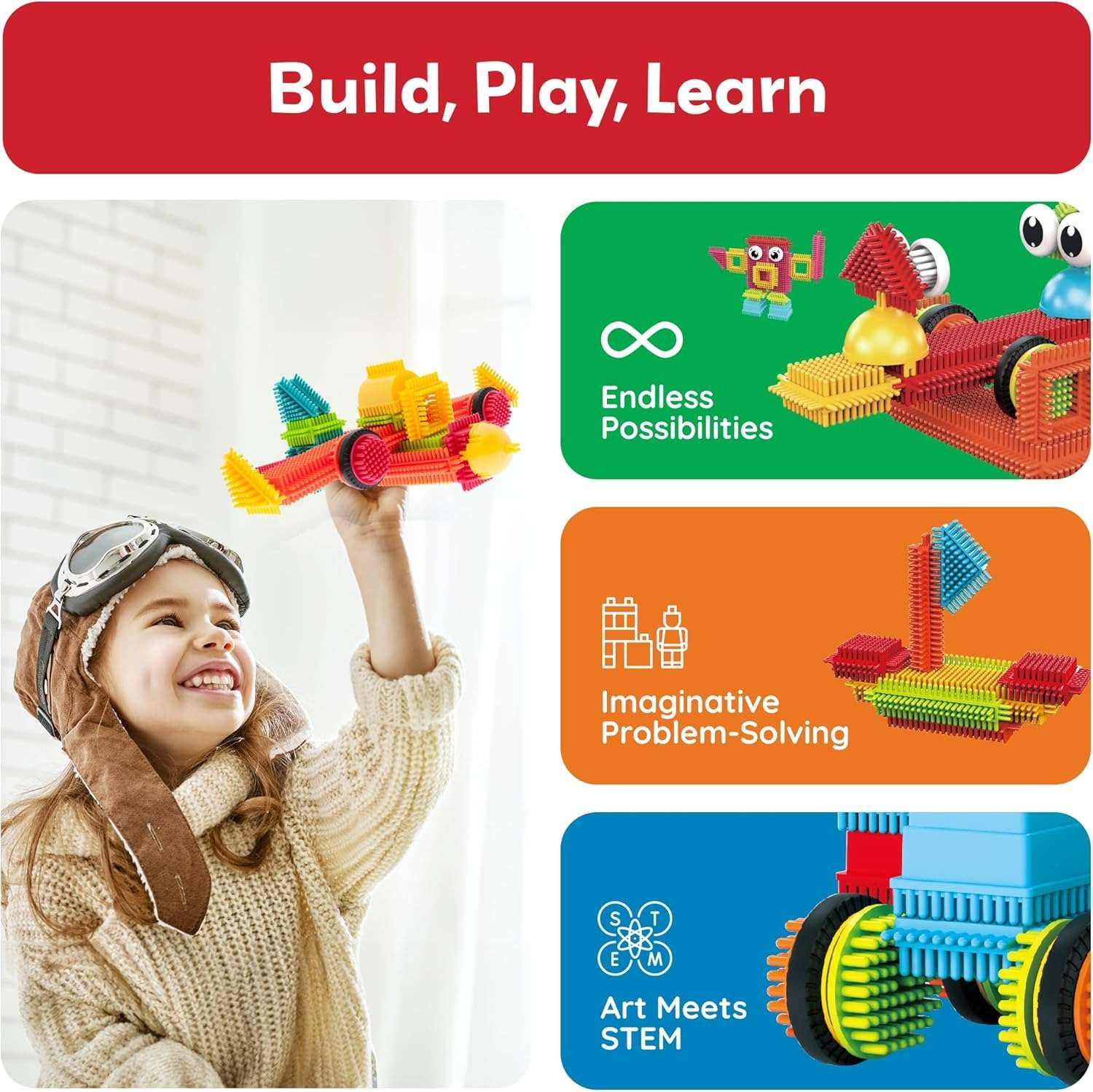 DIY Bristle Building Blocks with Creative STEM Construction Set for Kids, Easy to Build, Safe for Ages 3+