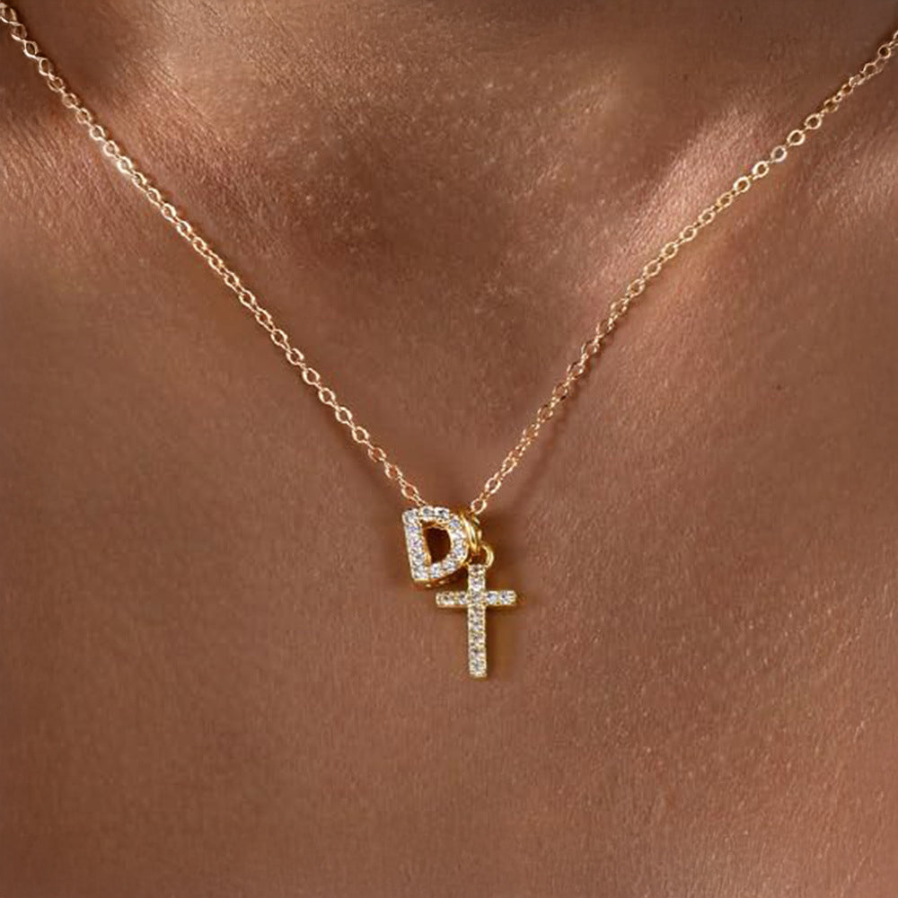 Delicate Initial and Cross Diamond Pendant Necklace