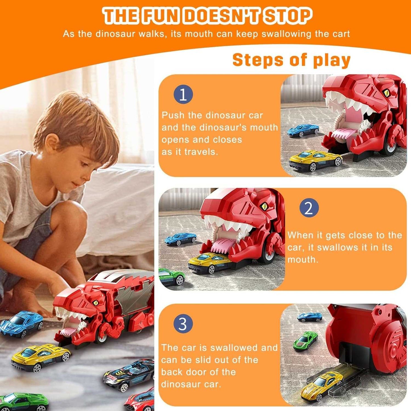 Dino Truck That Gobbles Up Cars with Swallowing Function, Transformable into Car Slide, Portable with Handle, Safe for Ages 3+