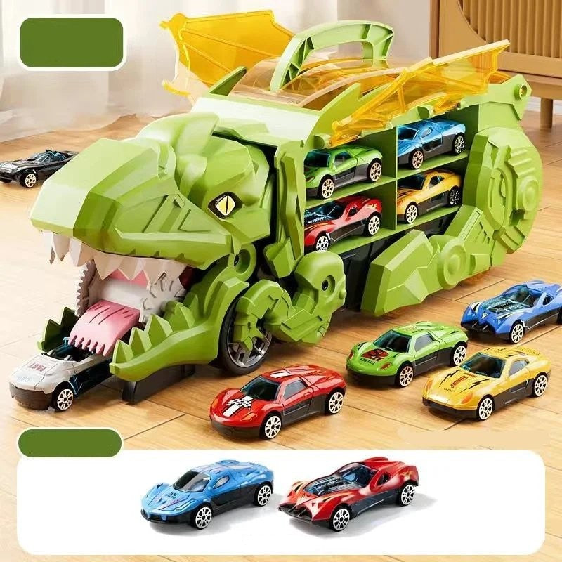 Dino Truck That Gobbles Up Cars with Swallowing Function, Transformable into Car Slide, Portable with Handle, Safe for Ages 3+