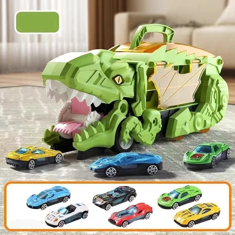 Dino Truck That Gobbles Up Cars with Swallowing Function, Transformable into Car Slide, Portable with Handle, Safe for Ages 3+