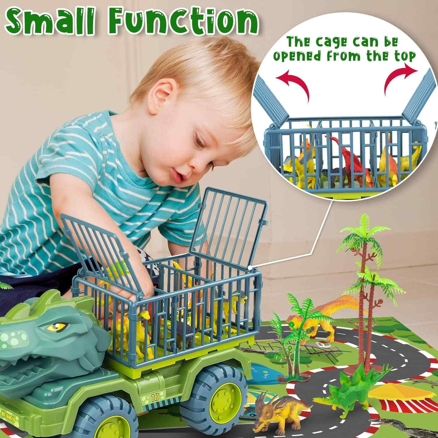 Dinosaur Car Play Truck, Transport Car Carrier with 3 Dino Figures, Egg and Tree, Safe for Ages 3+
