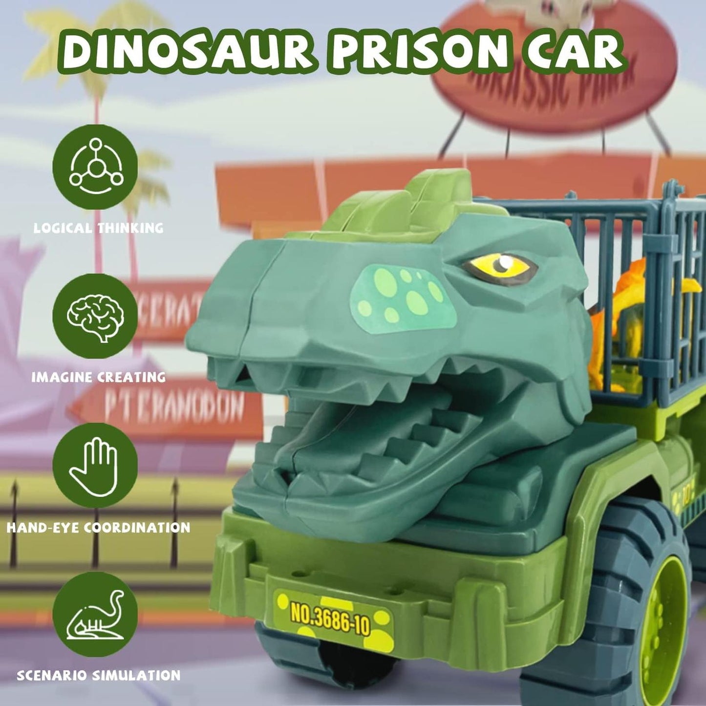 Dinosaur Car Play Truck, Transport Car Carrier with 3 Dino Figures, Egg and Tree, Safe for Ages 3+