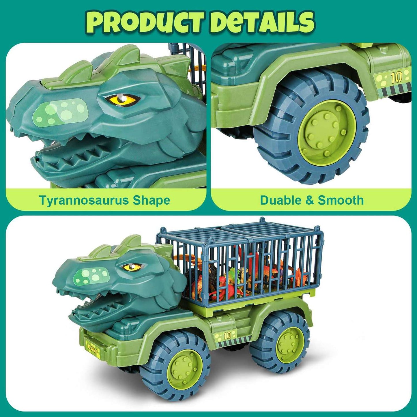Dinosaur Car Play Truck, Transport Car Carrier with 3 Dino Figures, Egg and Tree, Safe for Ages 3+