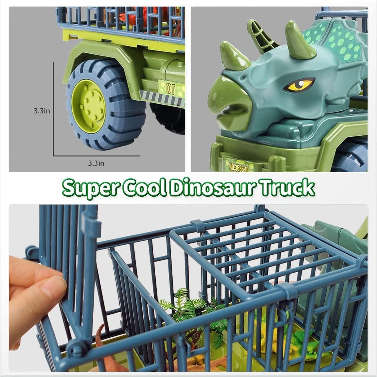 Dinosaur Car Play Truck, Transport Car Carrier with 3 Dino Figures, Egg and Tree, Safe for Ages 3+