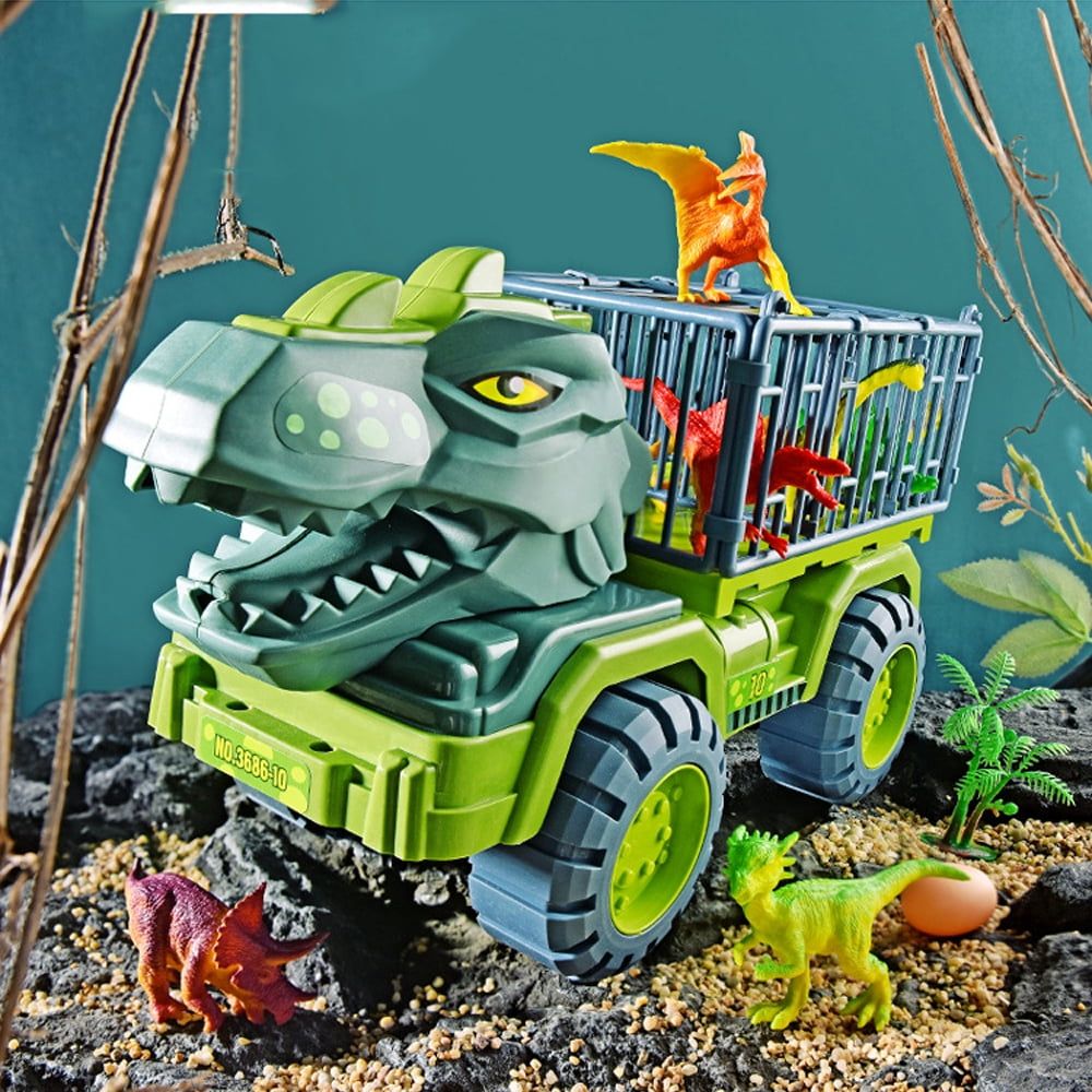 Dinosaur Car Play Truck, Transport Car Carrier with 3 Dino Figures, Egg and Tree, Safe for Ages 3+