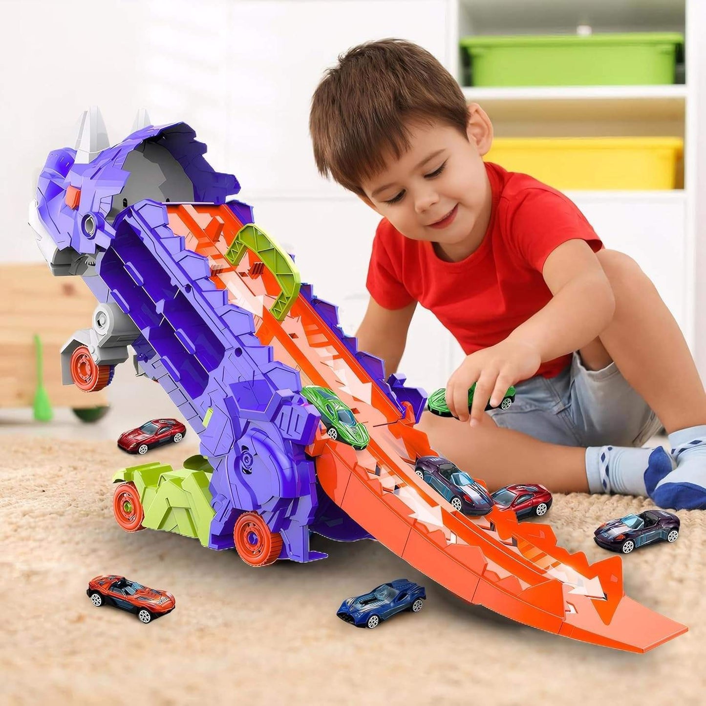 Dinosaur Transforming Truck Toy – Converts into Dinosaur, Includes Mini Alloy Cars and Accessories