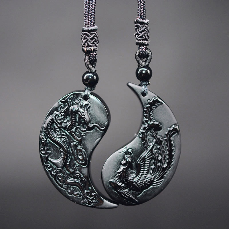 Dragon And Phoenix Yin Yang Obsidian Necklace