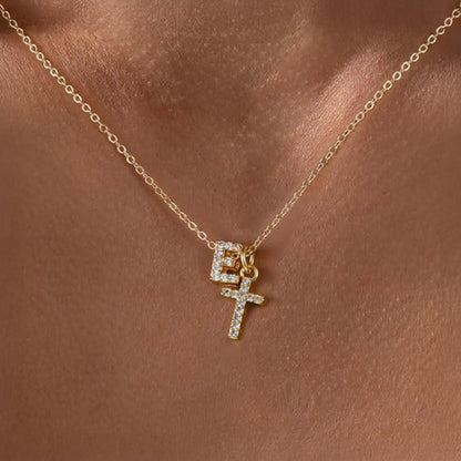 Delicate Initial and Cross Diamond Pendant Necklace