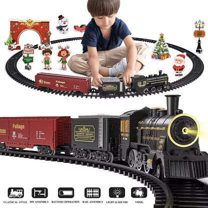 Electric Christmas Steam Train Set with Lights and Sounds, Toy Railway Decoration for Kids Under the Christmas Tree