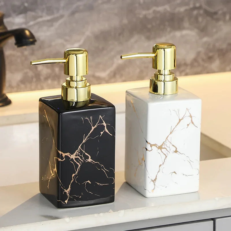 Elegant Ceramic Soap Dispenser with Gold Pump – Stylish Bathroom and Kitchen Hand Soap Dispenser, 380ml Capacity 1