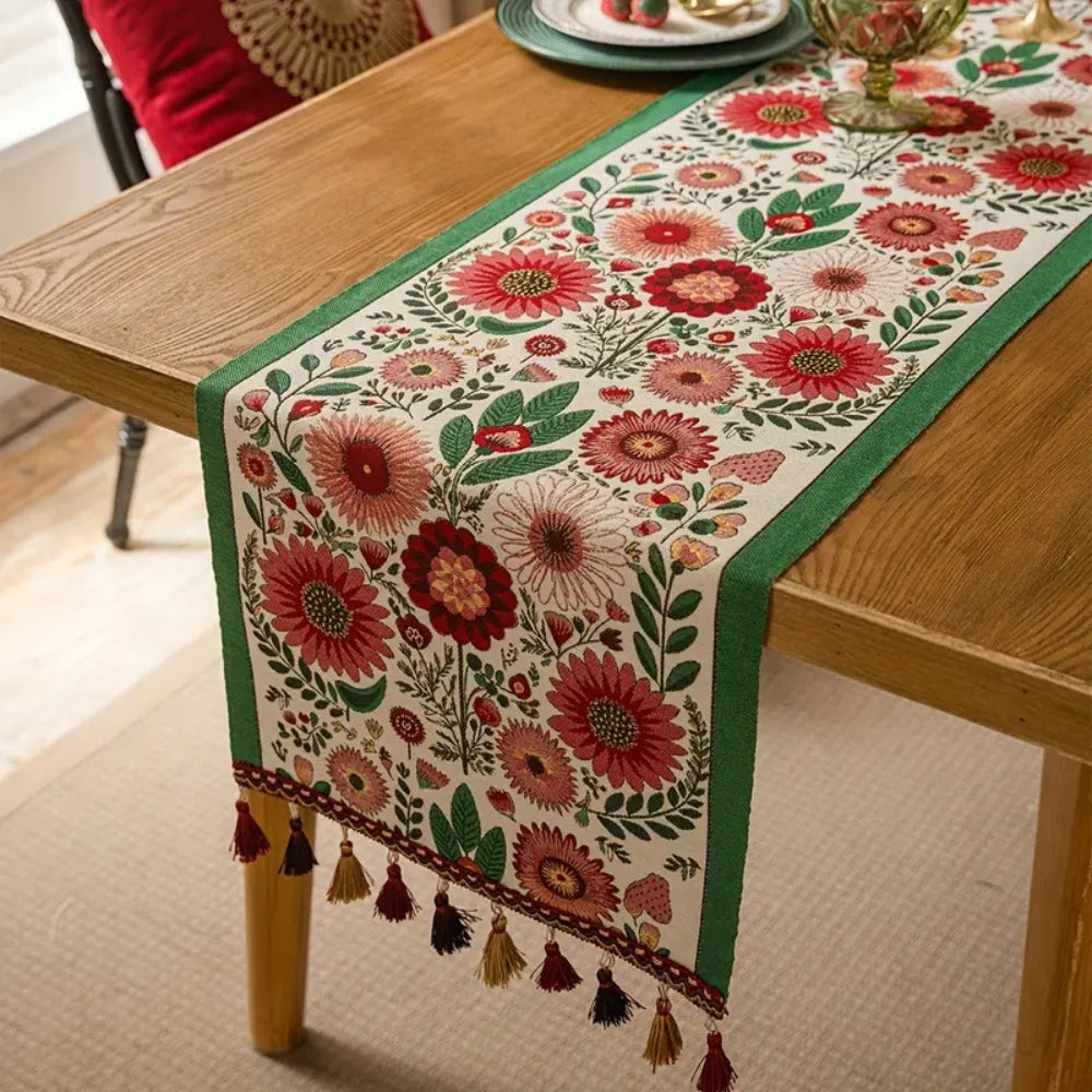 Decorative Flower Embellished Tassel Table Runner