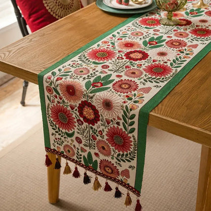 Decorative Flower Embellished Tassel Table Runner