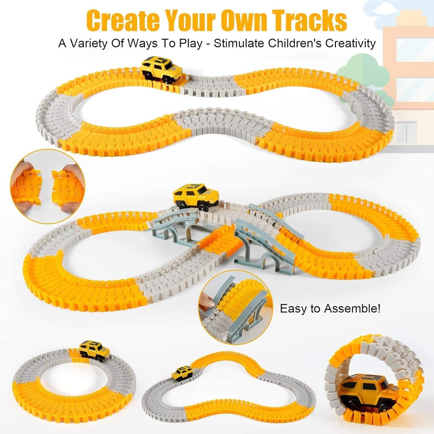 Expandable Raceway Playset for Creative Kids – Flexible Track System with DIY Bridge, Safe for Ages 3+