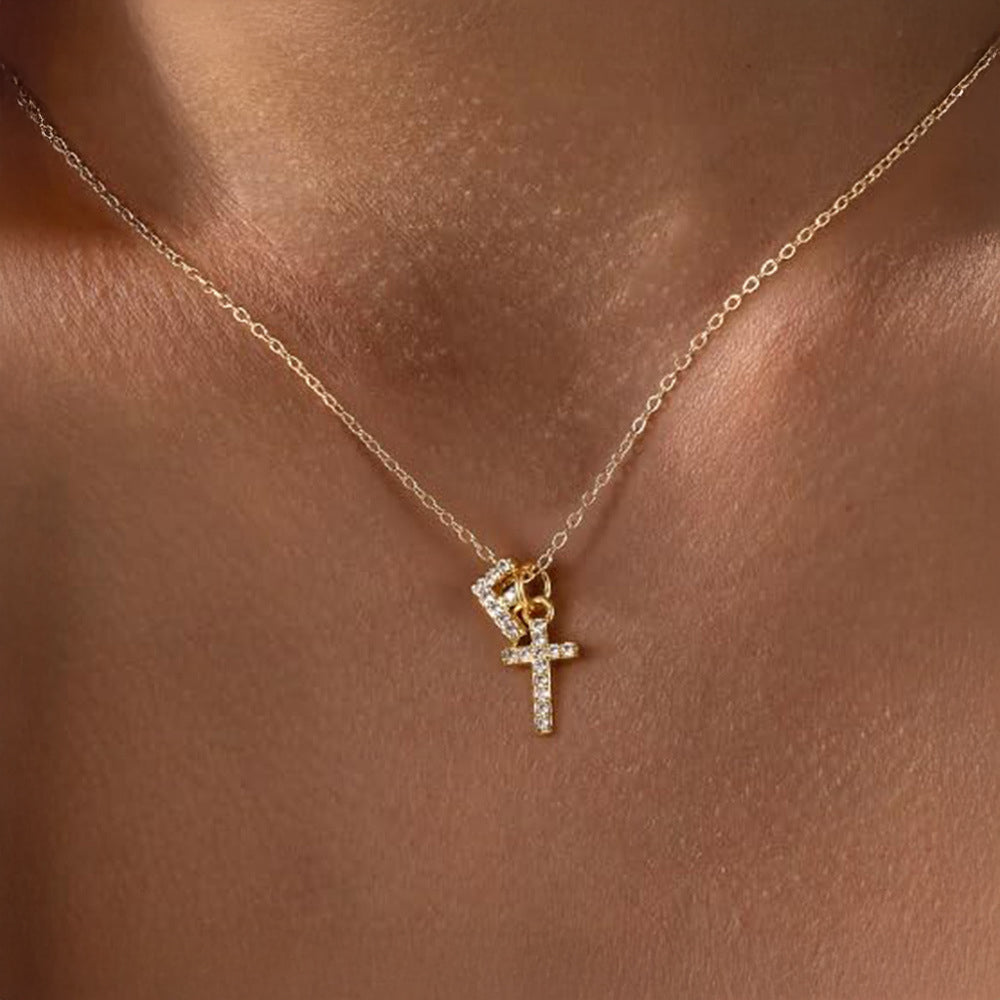 Delicate Initial and Cross Diamond Pendant Necklace