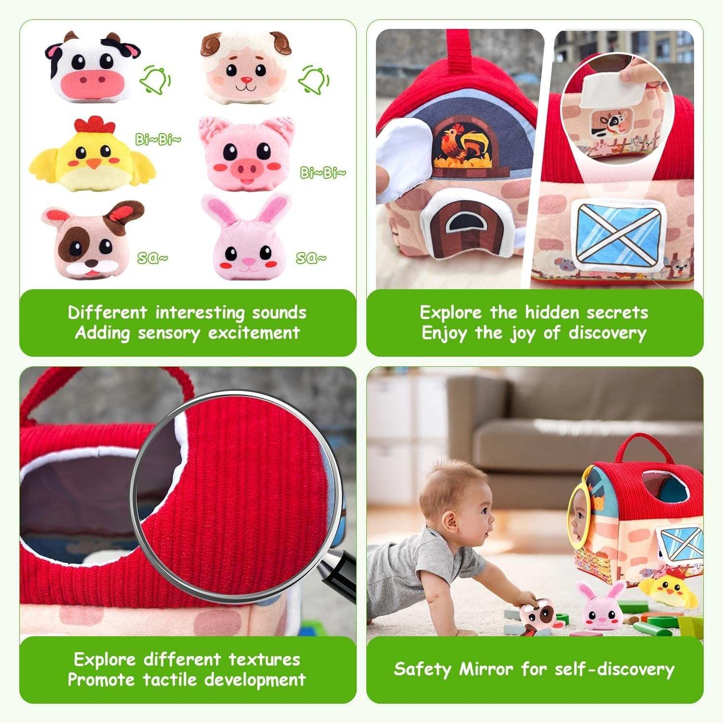 Farm Animals Baby Toy with Mirror and Easy-to-Carry Handle, Safe for Ages 6+ Months