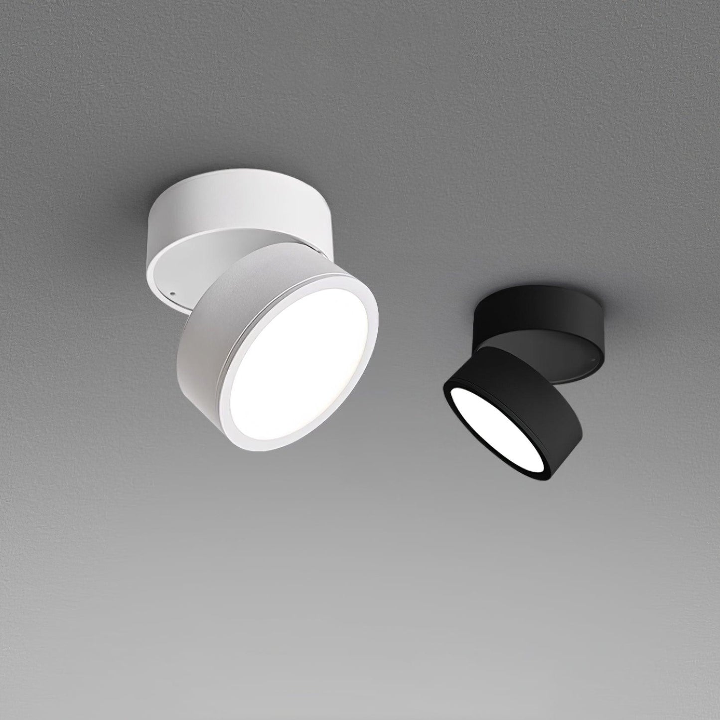 Two ceiling lights, one white and one black, on a gray background