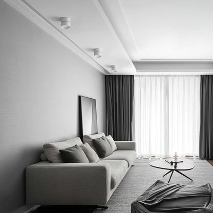 Modern living room with a gray sofa, coffee table, and large windows.