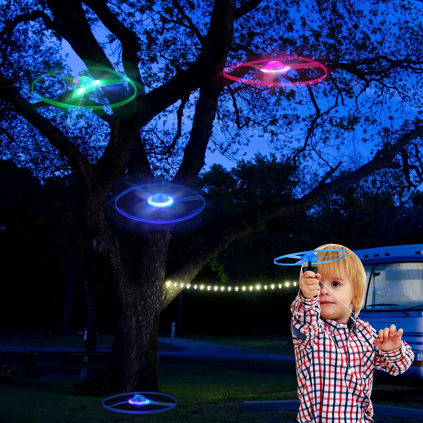 Flying Disc Launcher with Colorful LED Lights, Pull String Indoor & Outdoor Games, Safe for Ages 3+