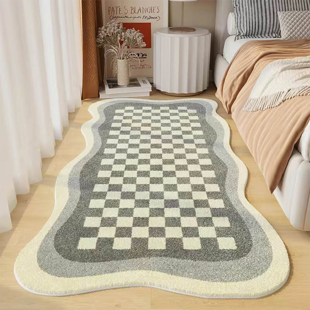 Soft Plush Checkered Bedroom Rug Irregular Shape Mat