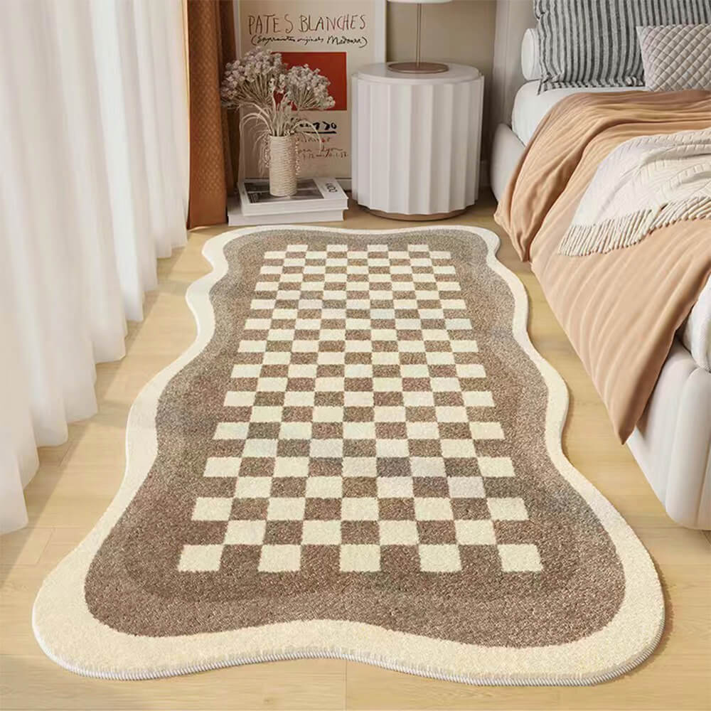 Soft Plush Checkered Bedroom Rug Irregular Shape Mat