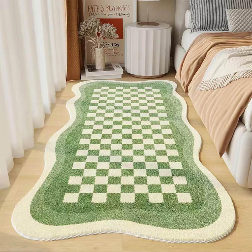 Soft Plush Checkered Bedroom Rug Irregular Shape Mat
