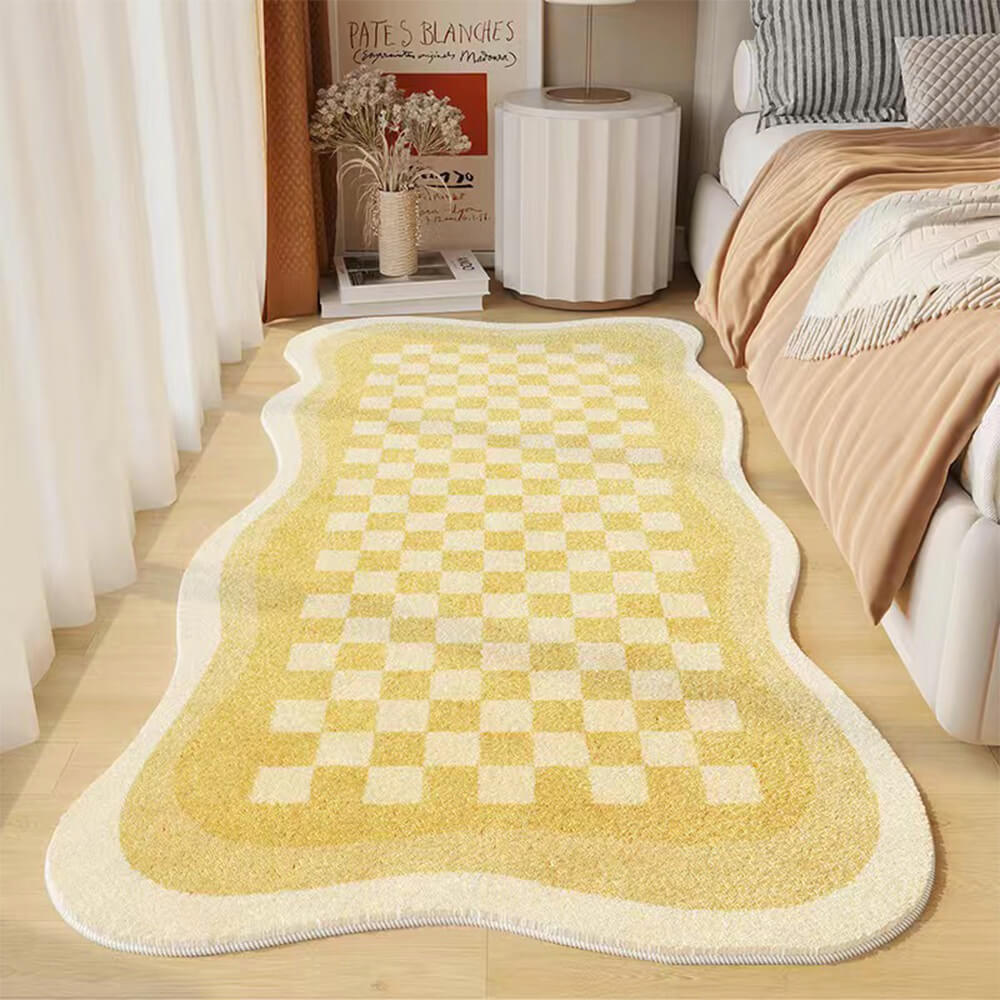 Soft Plush Checkered Bedroom Rug Irregular Shape Mat