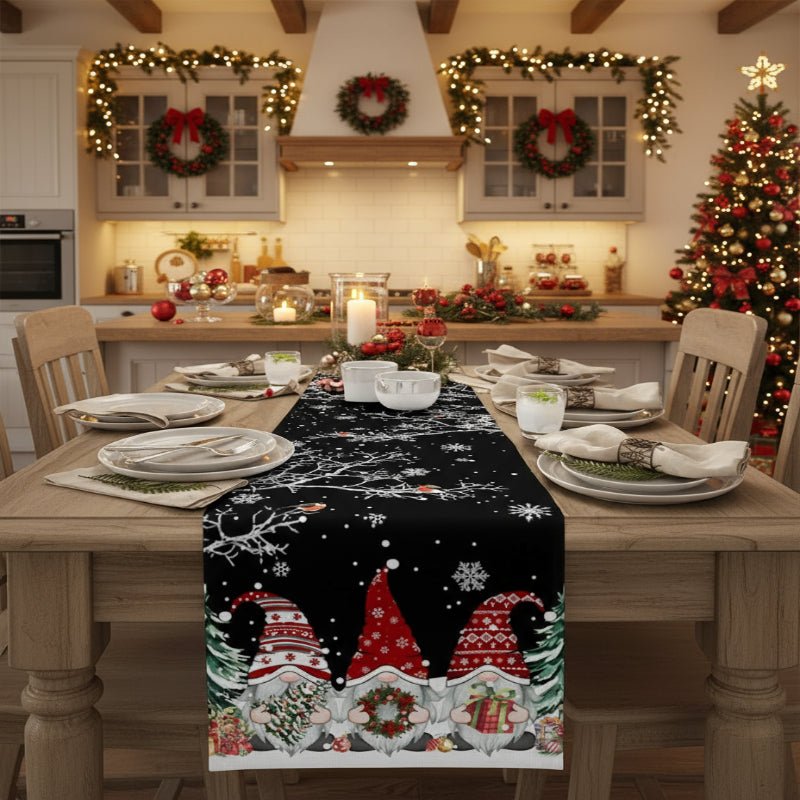 Holiday Linen Table Runner with Snowflakes and Gnomes