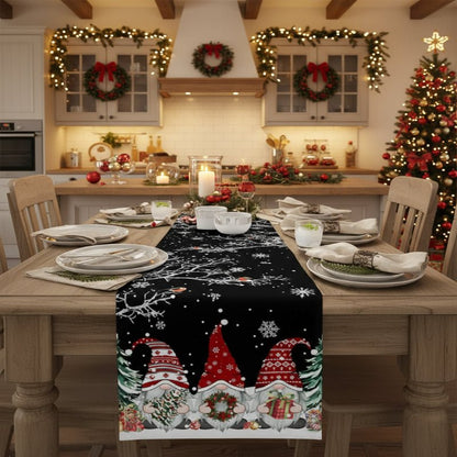 Holiday Linen Table Runner with Snowflakes and Gnomes