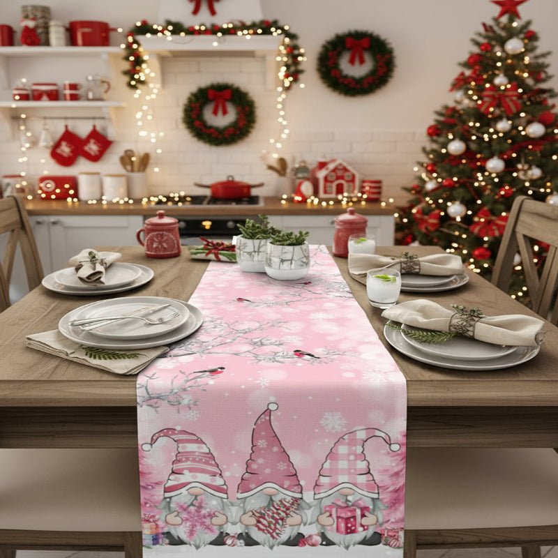 Holiday Linen Table Runner with Snowflakes and Gnomes