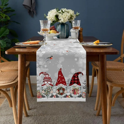 Holiday Linen Table Runner with Snowflakes and Gnomes - Halri