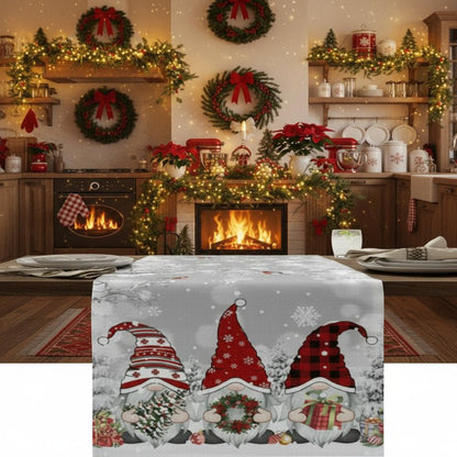 Holiday Linen Table Runner with Snowflakes and Gnomes