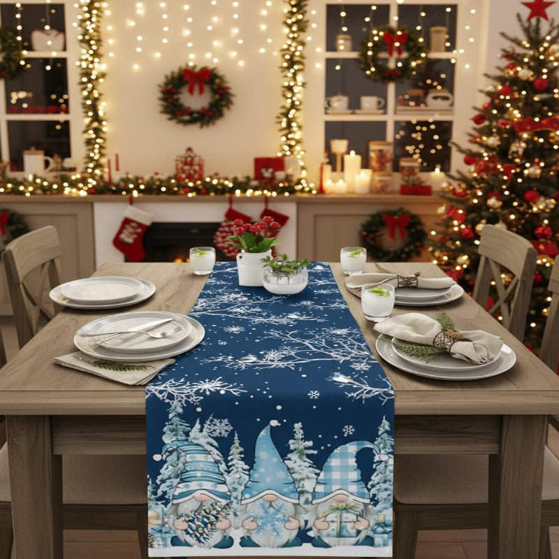 Holiday Linen Table Runner with Snowflakes and Gnomes