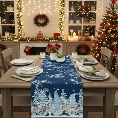 Holiday Linen Table Runner with Snowflakes and Gnomes