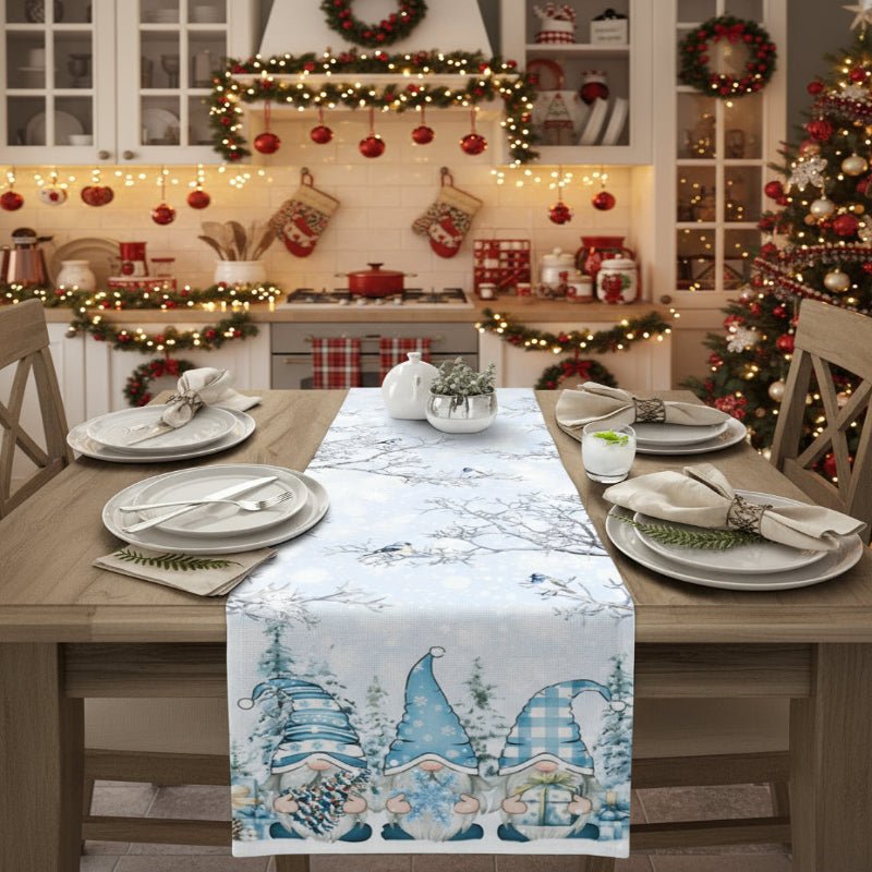 Holiday Linen Table Runner with Snowflakes and Gnomes