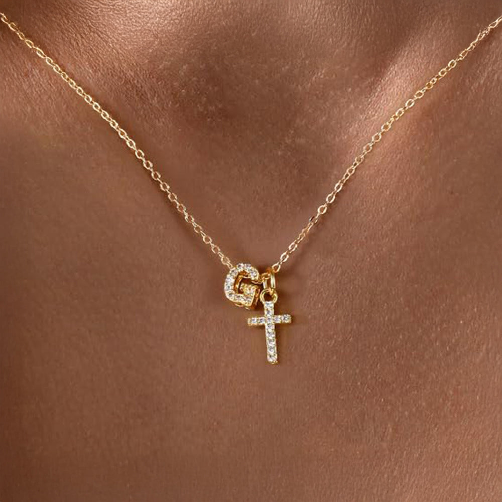 Delicate Initial and Cross Diamond Pendant Necklace